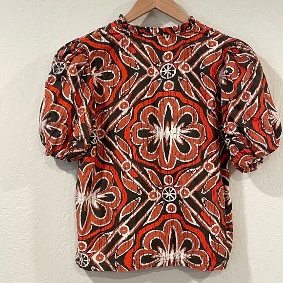 ~Rare The Odells Med Boho Top Vneck Tie Ruffle Short Balloon Sleeve Brown Rust - Picture 14 of 16